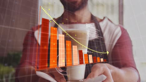 animación del gráfico de bar, base de datos sobre un barista caucásico sonriente sosteniendo un vaso de café.