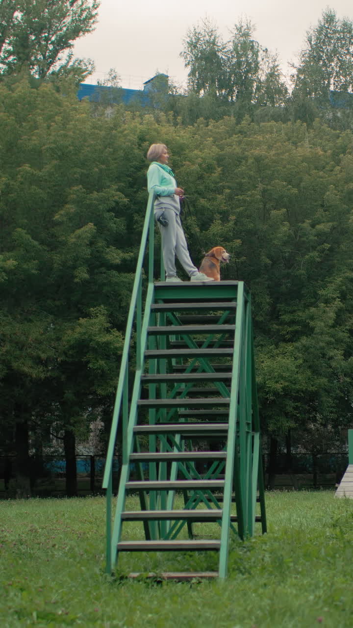 Mujer caucásica de pie en unas escaleras verdes junto a un perro pequeño marrón, mirando a un parque desde una plataforma elevada de metal, con sudadera con capucha color menta, pantalones grises, un pequeño bolso para la cámara, pose relajada, con la mano en la barandilla, árboles frondosos
