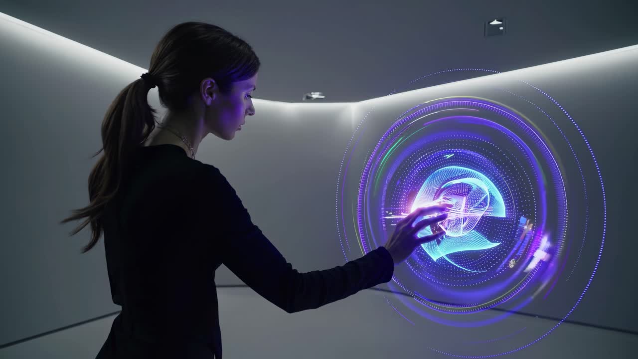 A futuristic video concept showing a woman interacting with a holographic interface in a minimalist