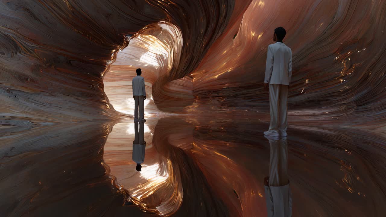 A Surreal Journey Through an Abstract Landscape Featuring Figure in White Attire Standing at the Entrance of a Tapering Passageway Surrounded by Flowing Colors and Reflections of Light