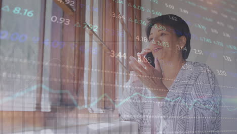 Animation-of-trading-board-over-biracial-woman-standing-beside-window-and-talking-on-cellphone