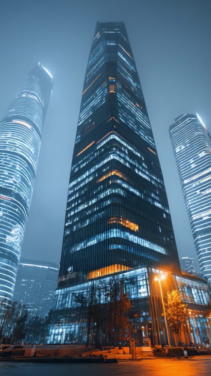 Grattacieli illuminati sotto un cielo notturno nebbioso: un paesaggio urbano accattivante con architettura imponente e luci blu tremolanti, che cattura l'essenza di una città moderna