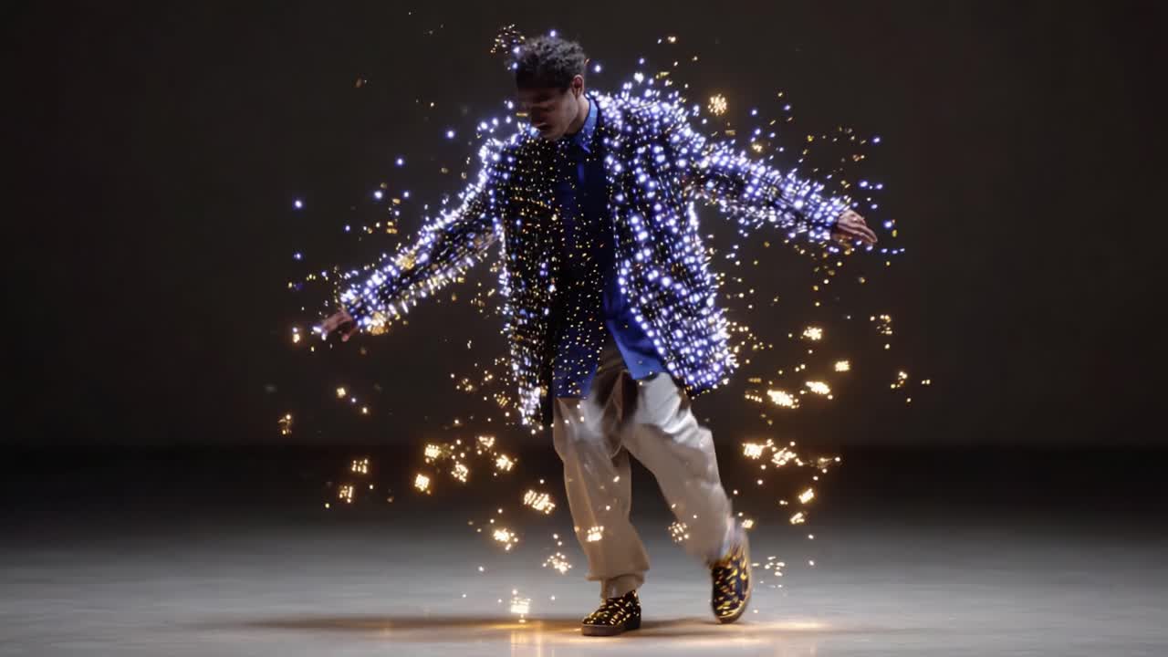 A mesmerizing performance featuring a dancer illuminated by sparkling lights, showcasing an enchanting blend of movement and visual artistry in a captivating environment