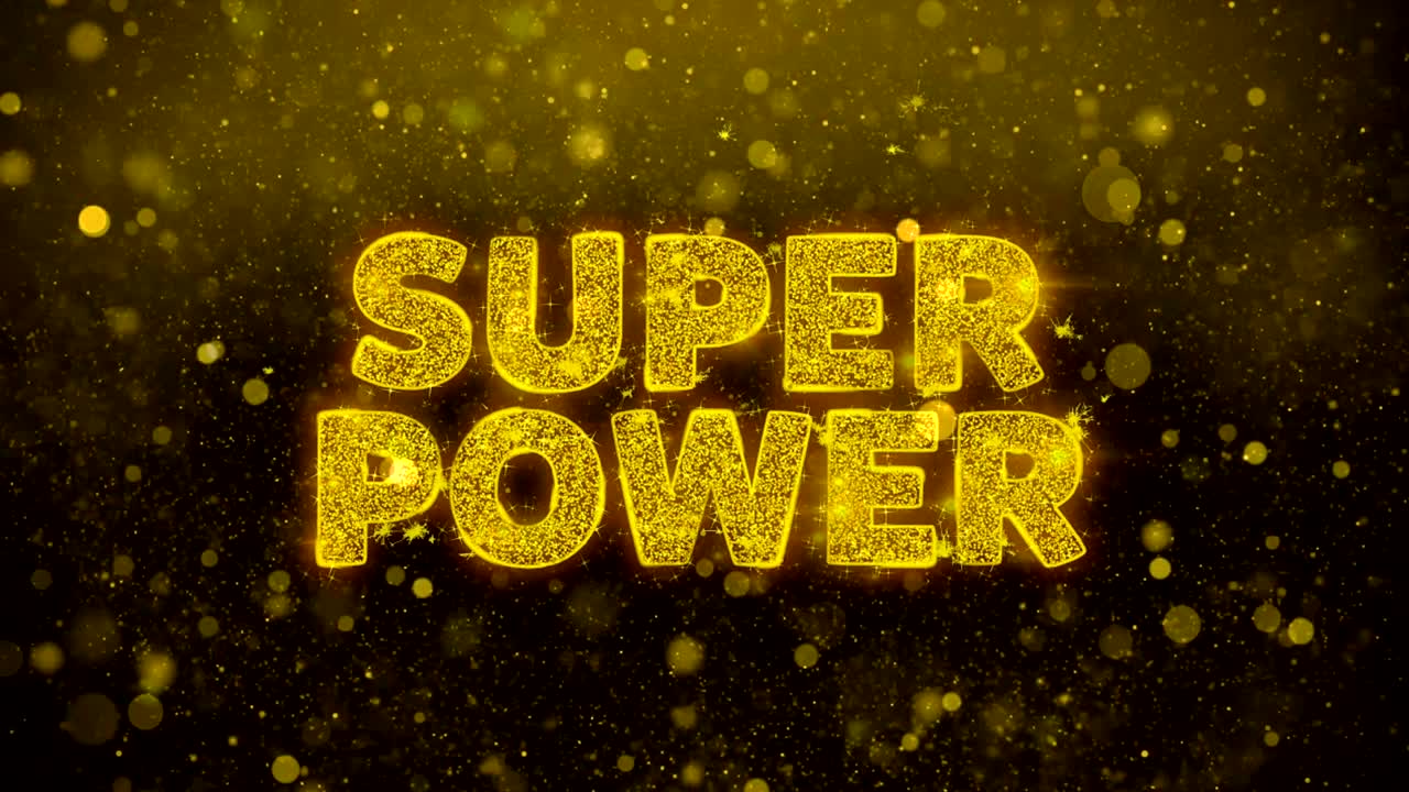 el texto de superpoder en la animación de partículas de brillo dorado.