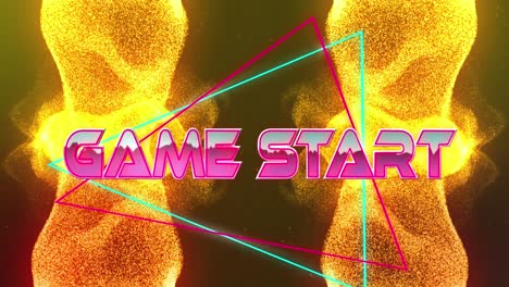 Animation-of-game-start-text-in-metallic-pink-with-blue-and-red-triangles-over-yellow-particles