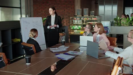 Confident-brunette-businesswoman-girl-in-round-glasses-talks-and-presents-her-idea-using-a-stand-with-graphs-and-painted-words-during-a-meeting-in-the-office