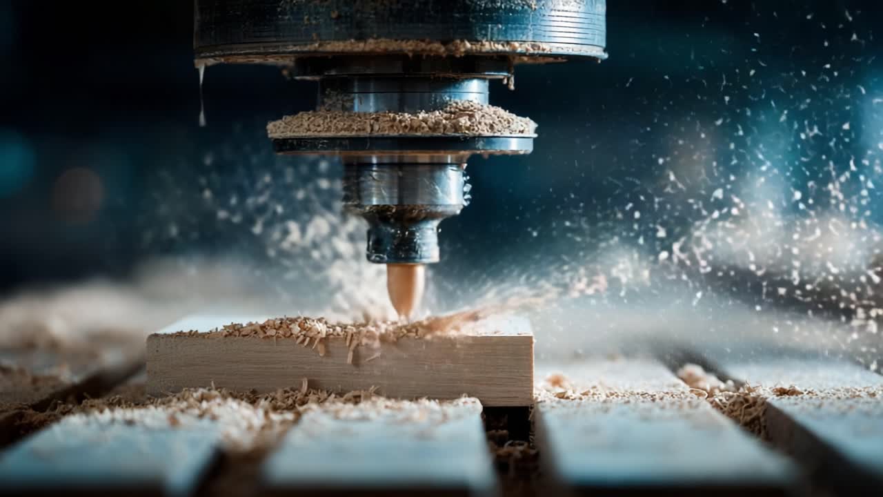 A Close-Up View of a Precision CNC Router Cutting Through Wood, Showcasing the Fine Details of the Process and the Ejection of Wood Shavings