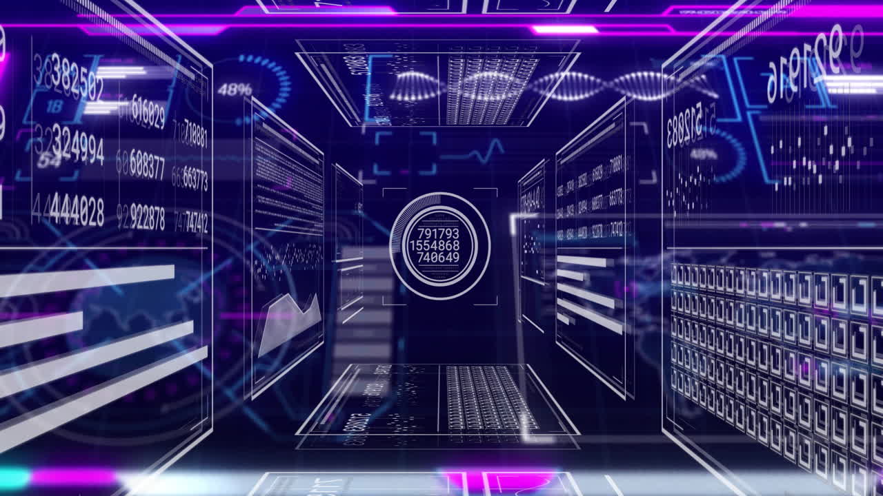 Processing digital data, futuristic virtual reality interface with graphs and numbers