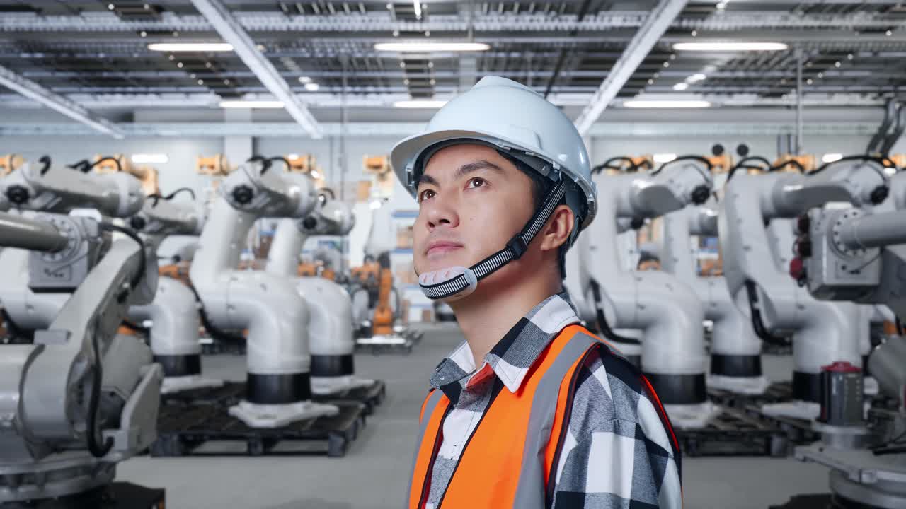 공장에서 로을 관찰하는 엔지니어