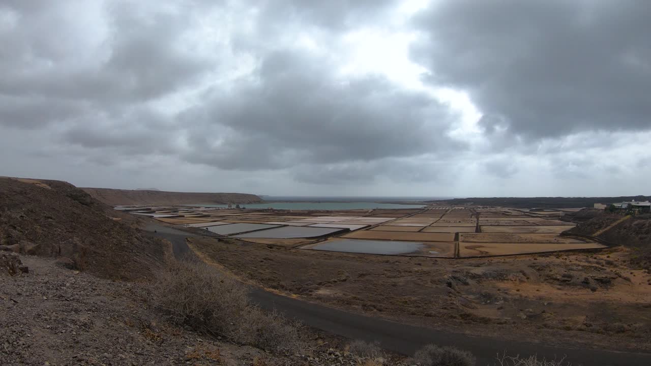 Fluffy Clouds Moving Under The Salt Ponds Within Salinas de Janubio In Lanzarote Island, Spain. timelapse