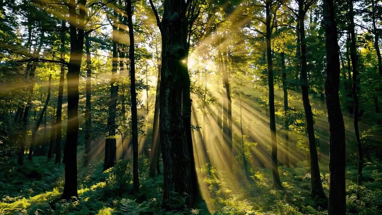 Sunlight Streaming Through Trees in a Lush Green Forest