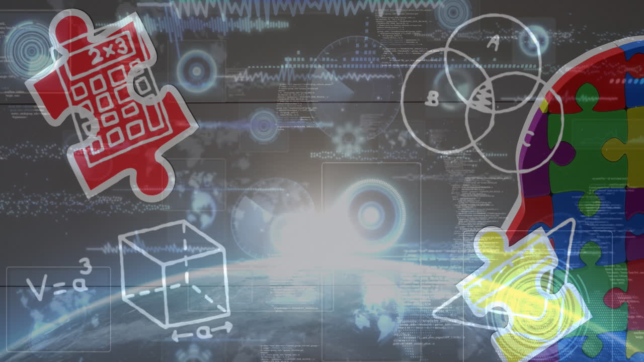 다채로운 퍼즐 조각과 수학 방정식의 애니메이션