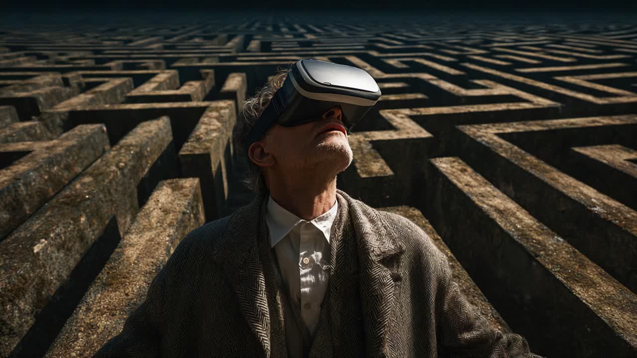 A man immersed in a virtual reality experience, standing within an intricate maze, showcasing the blend of technology and the human experience as he navigates the complexity of digital worlds ahead