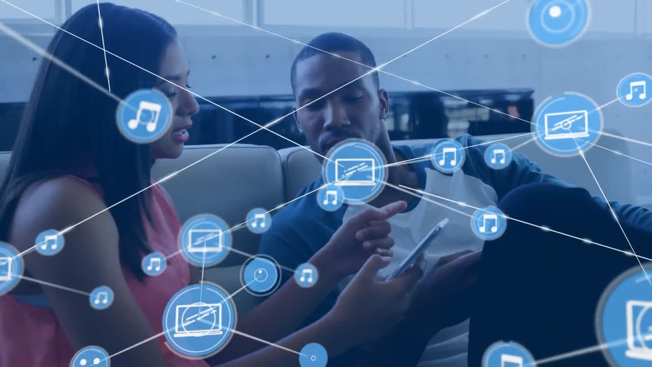 animación de la red de conexiones con iconos sobre diversas personas de negocios que utilizan teléfonos inteligentes