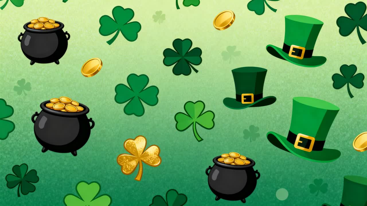 Loop starting, St Patrick motif drifting on green backdrop for holiday use with pots, coins