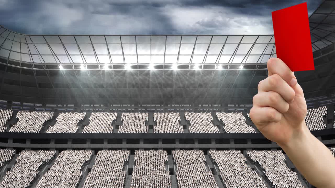 스포츠 경기장 위에서 빨간 페널티 카드를 들고 있는 심판의 애니메이션