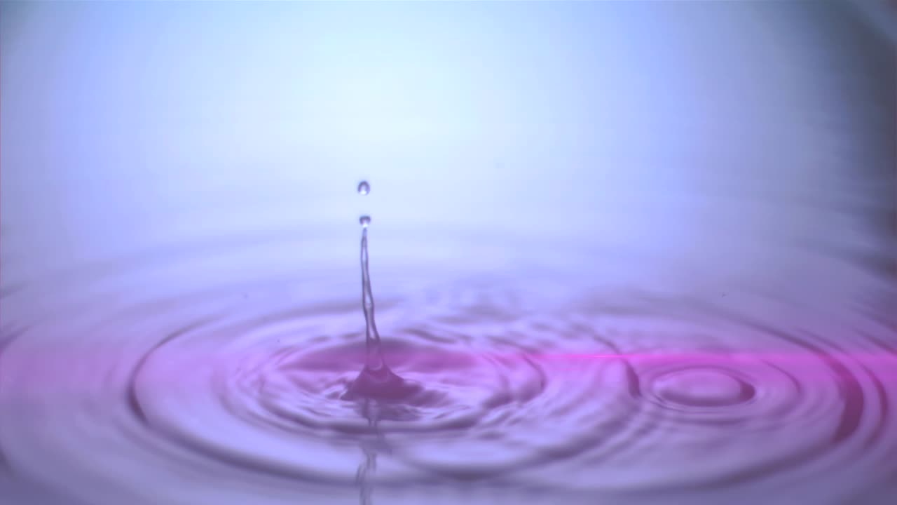Animation of water drops dropping into purple water with glowing pink light