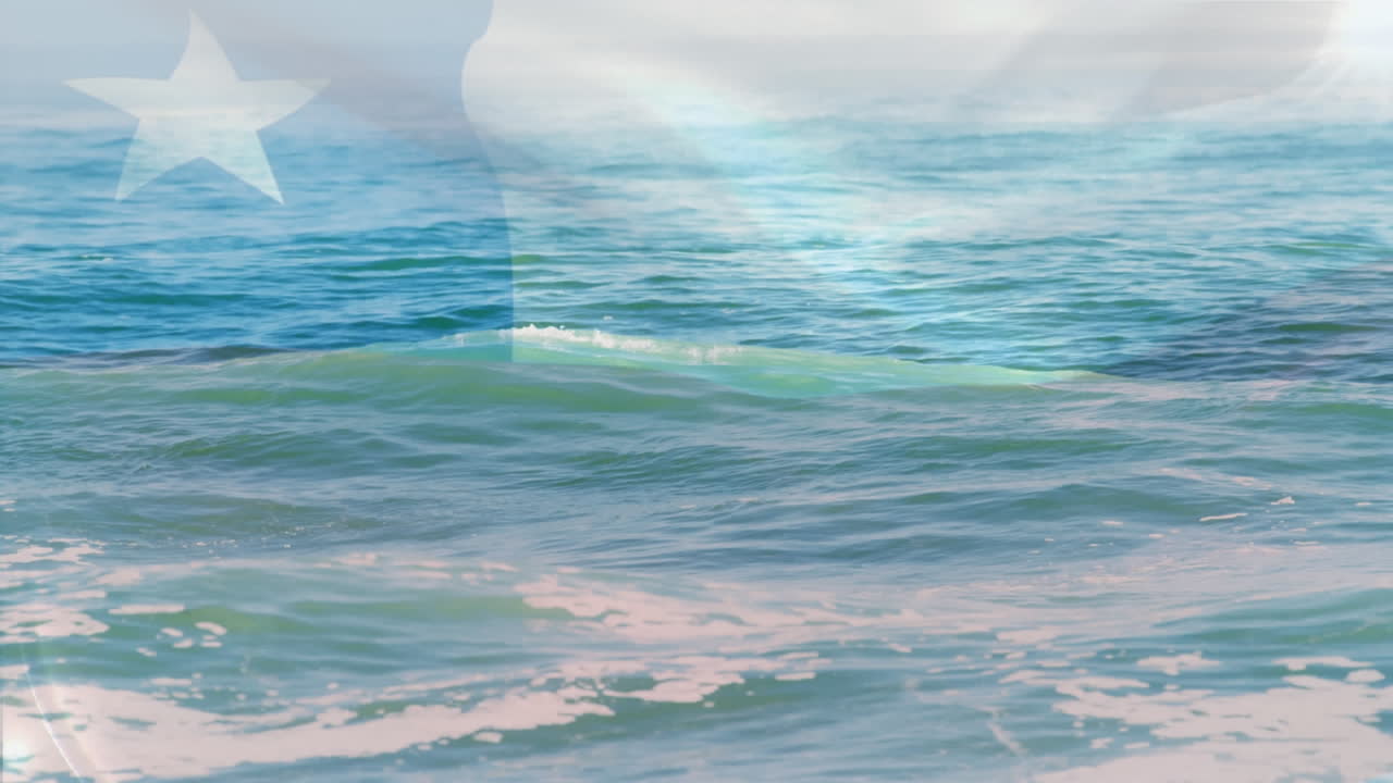 composición digital de la bandera chilena ondeando contra la vista aérea de las olas en el mar