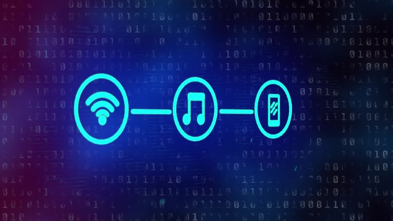 animação de conexão wi-fi, música e smartphone com codificação binária em segundo plano