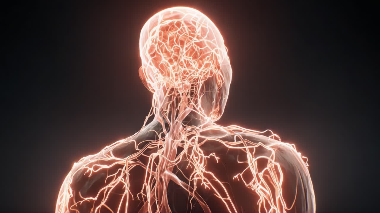 An Intricate Visualization of the Human Nervous System, Highlighting the Complex Network of Neurons and Vessels, Showcasing the Mysterious Connection Between Mind and Body in a Beautifully Abstract Style