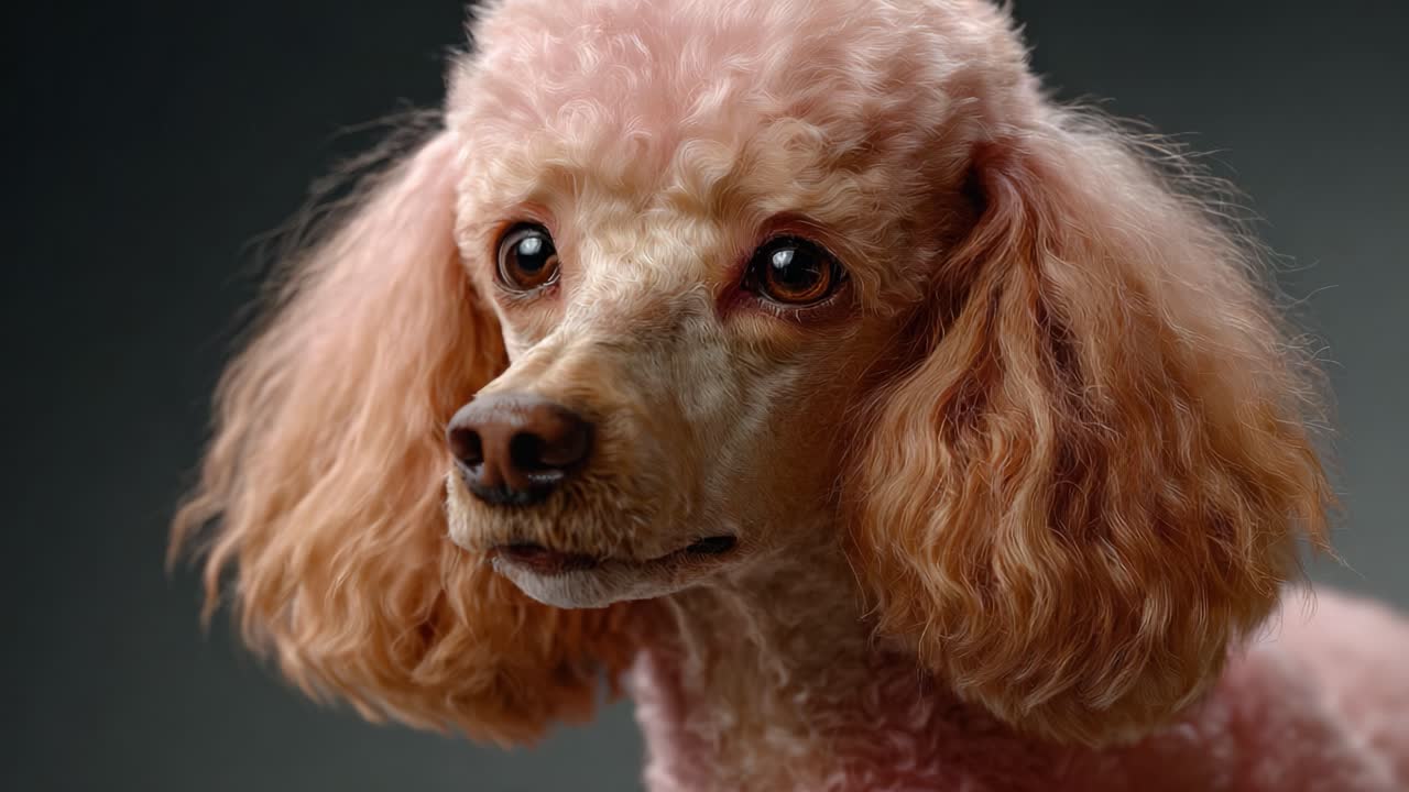 Un affascinante barboncino rosa con pelo soffice che mostra la sua espressione giocosa e il suo aspetto unico catturati splendidamente in due inquadrature