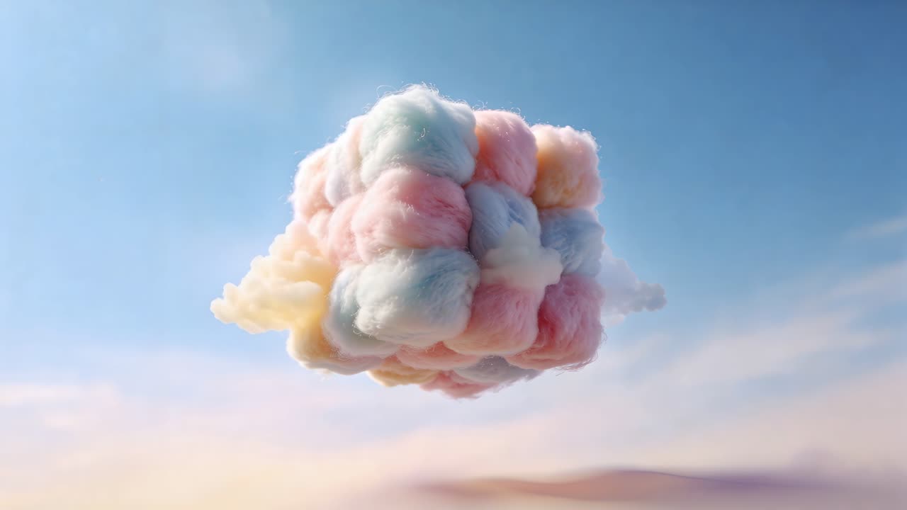 Morphing pastel cotton-like cloud cube rotating and drifting over horizon, sunlight warming tufts