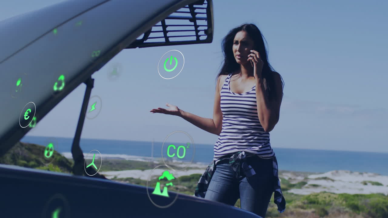 차 의 전화로 이야기, 풍경 위에 녹색 아이콘 애니메이션을 가진 여성