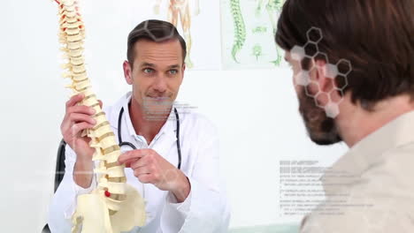 doctor explaining spinal anatomy model to patient, medical data animation over scene