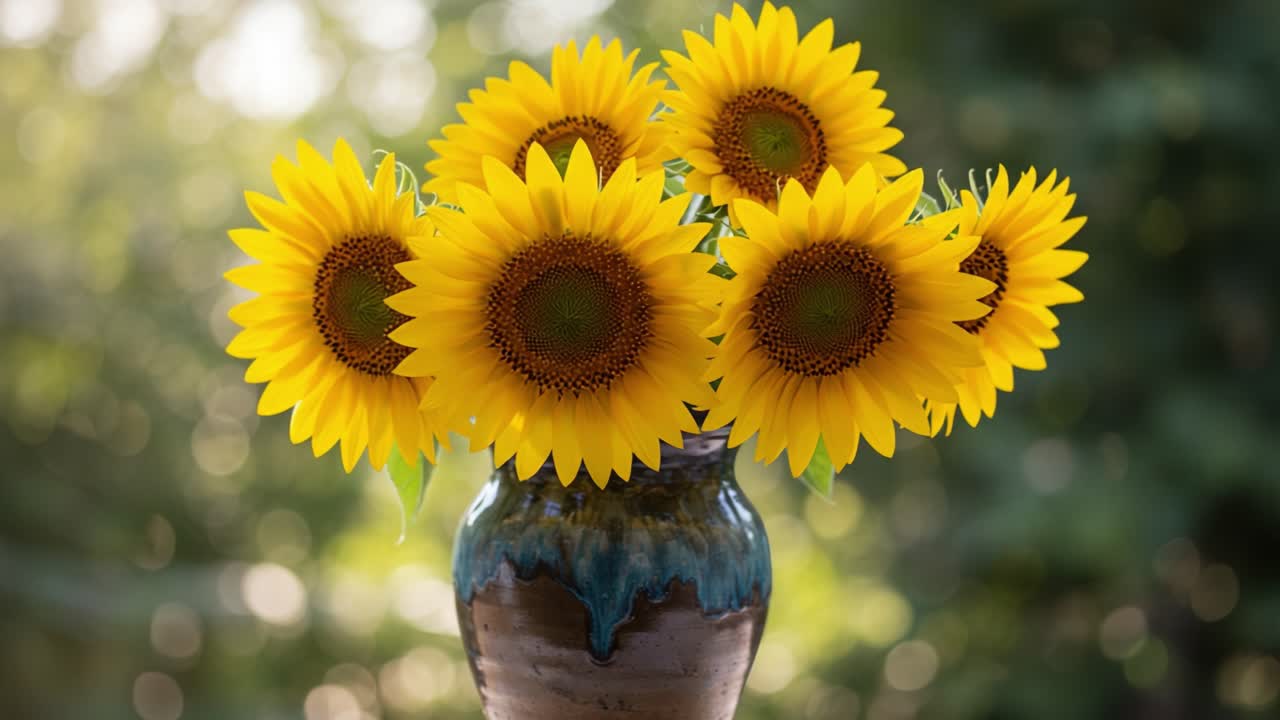 A Vibrant Display of Sunflowers in a Beautiful Vase, Captured in Natural Light, Showcasing Their Bright Colors and Cheerful Presence in a Garden Setting