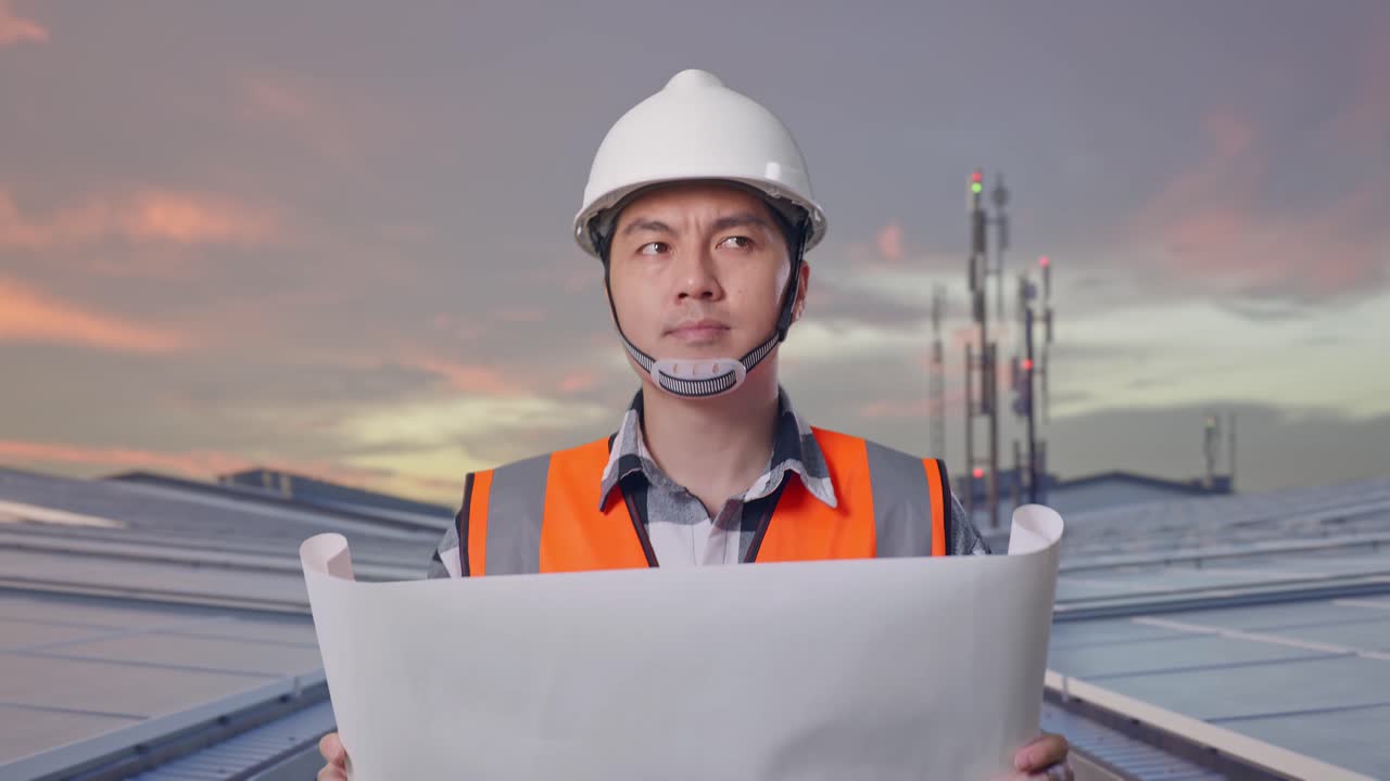 Front View of Asian Male Engineer Looking At Blueprint In His Hands While Walking at Industrial Rooftop Solar Panels