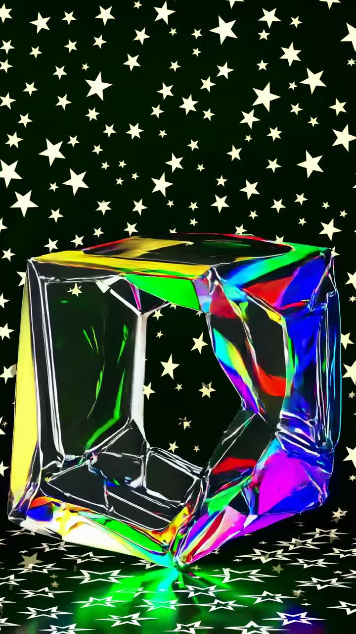 A low-angle video captures a colorful, reflective crystal against a starry backdrop