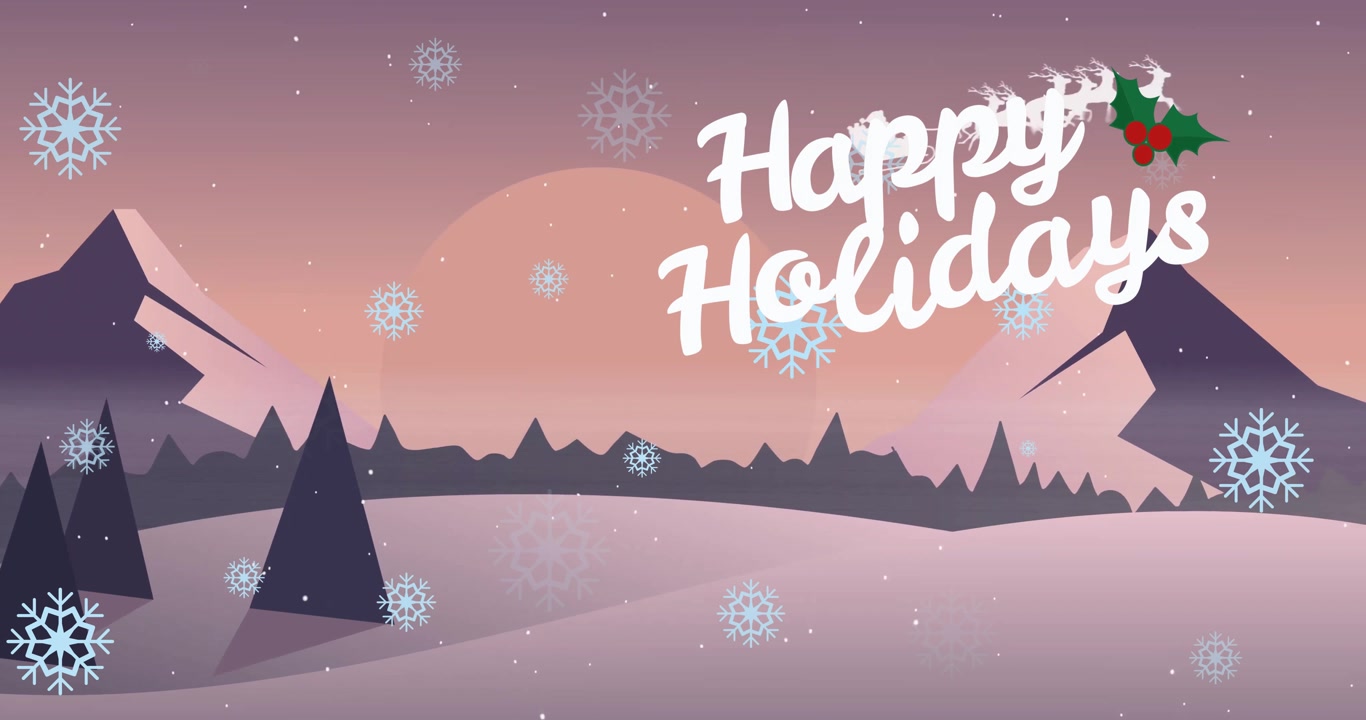 Happy Holidays text animation over snowy landscape with falling snowflakes
