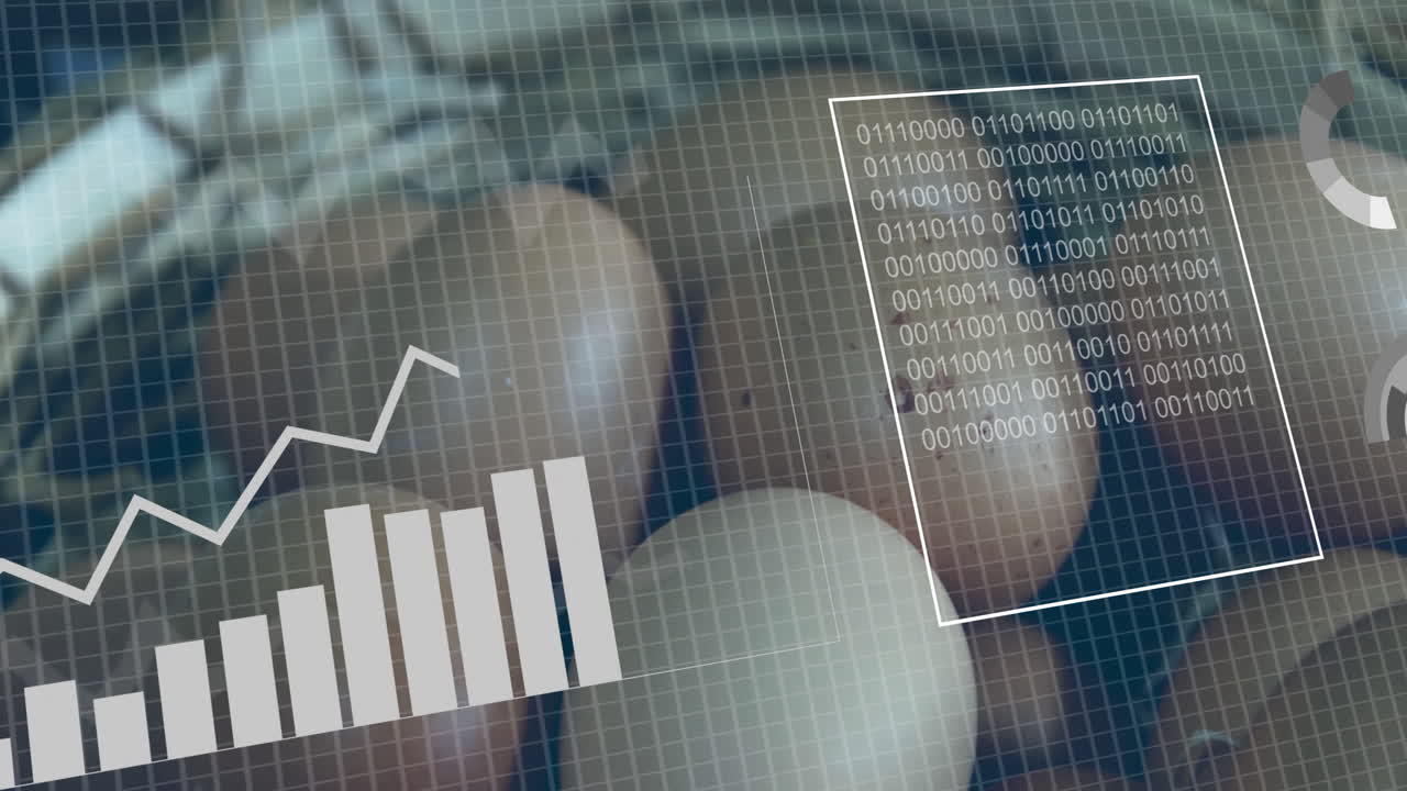 Graph and binary code animation over eggs in grid pattern