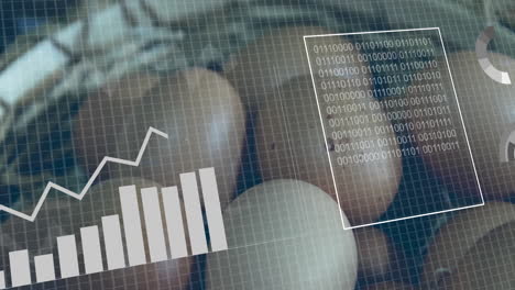 graph and binary code animation over eggs in grid pattern