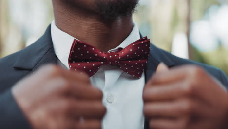 hands, wedding and bowtie with a groom getting