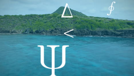 forested rocky hillside rising from ocean, featuring geometric symbols floating in flat design