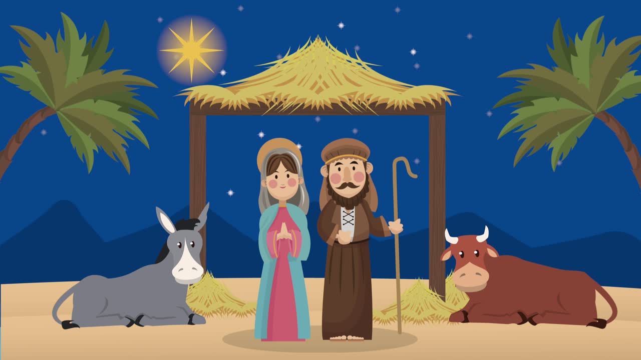 merry animazione di natale con giuseppe e maria nella stalla