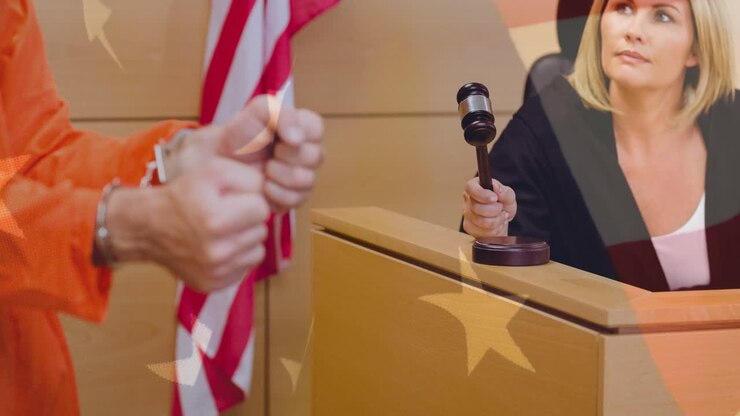 Animation of female judge and defendant during trial over american flag