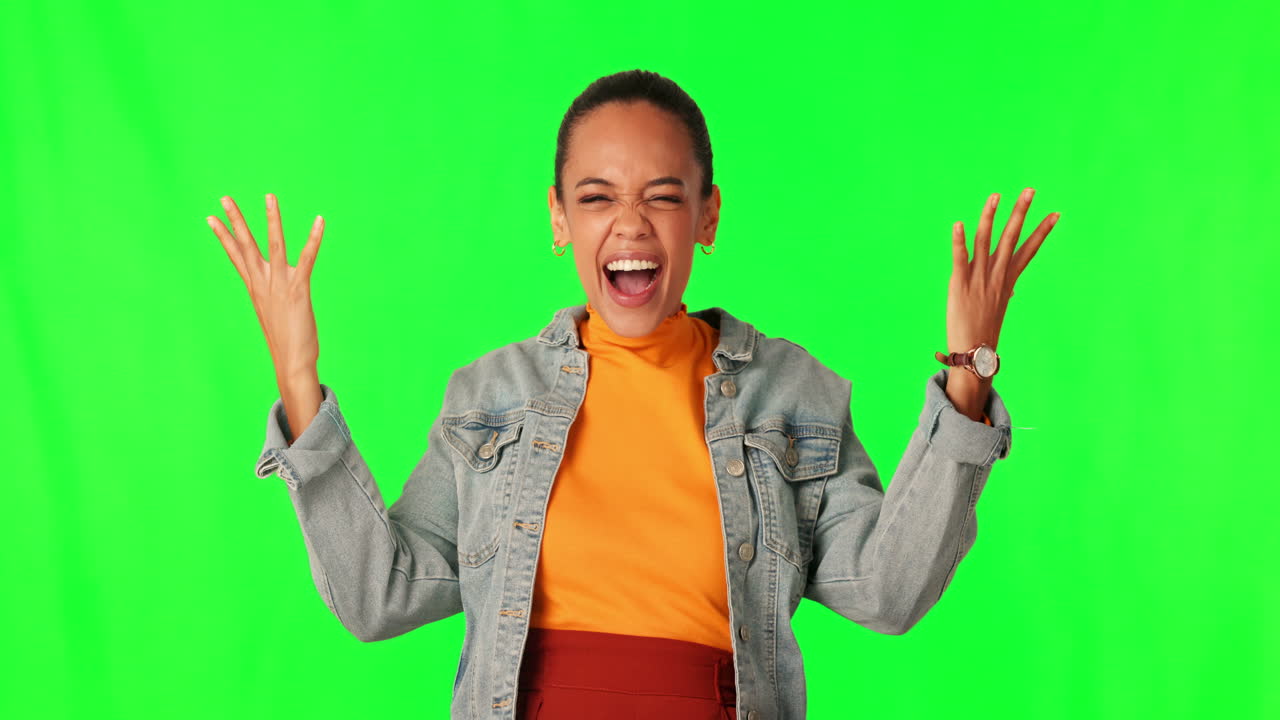 Excited, woman and portrait of surprise on green