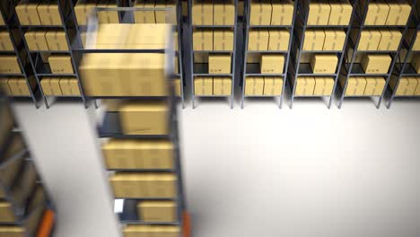 animation with warehouse industry autonomic robots carrying a shelves with cardboard boxes. fully automatic unmanned system of cargo distribution. computer coordinated efficient logistic process. 4k.