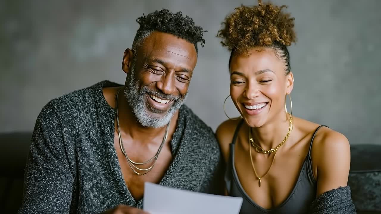 A man and woman sitting on a couch looking at a piece of paper