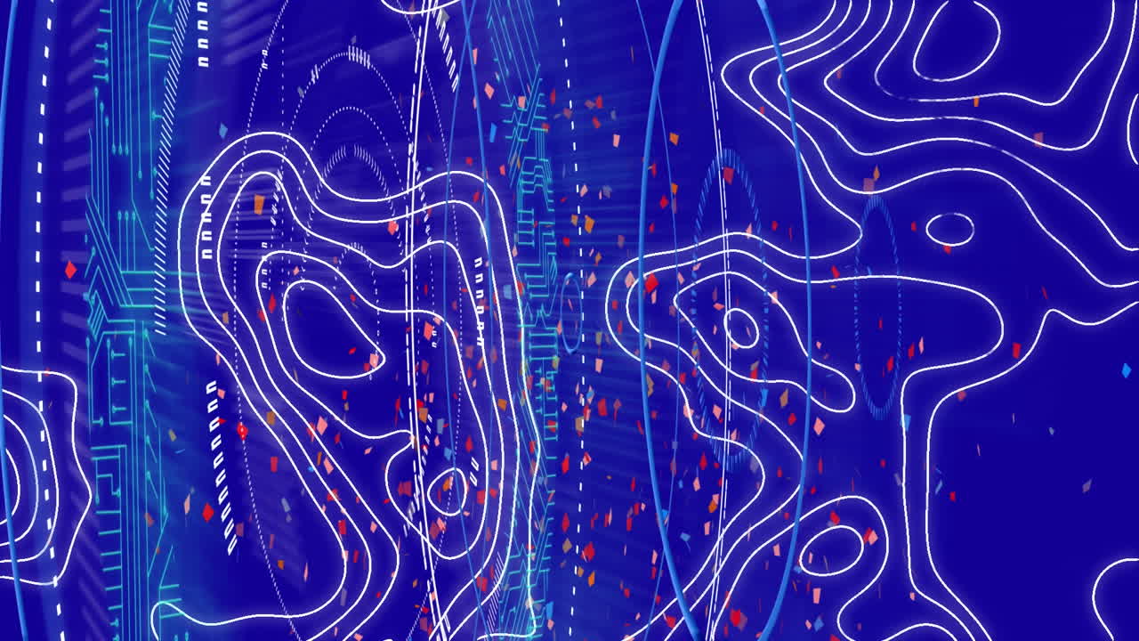 토포그래피 위에 떨어지는 콘페티의 디지털 애니메이션과 파란색 배경에 여러 개의 둥근 스캐너