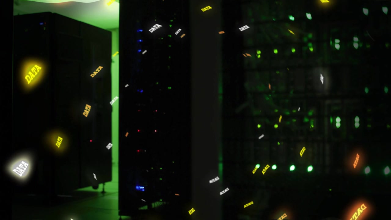 Centralt serverrack udsender DATA med blinkende LED'er, der initierer drift, reflekterer og viser flow