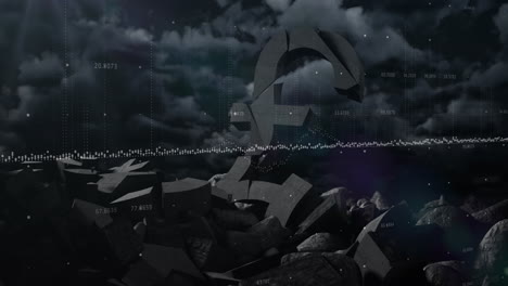 animation of data processing over broken pound symbols and dark clouds