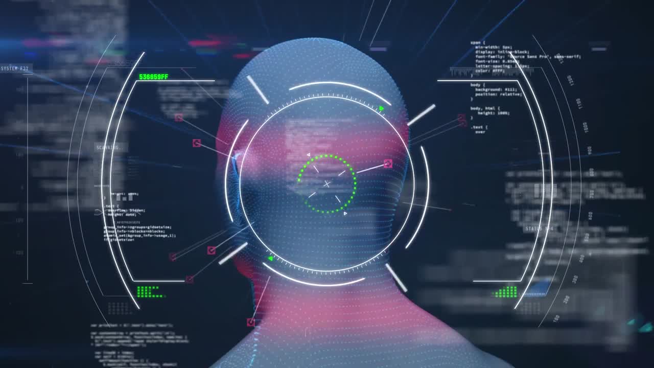 animación de la cabeza humana girando con procesamiento de datos de interfaz digital