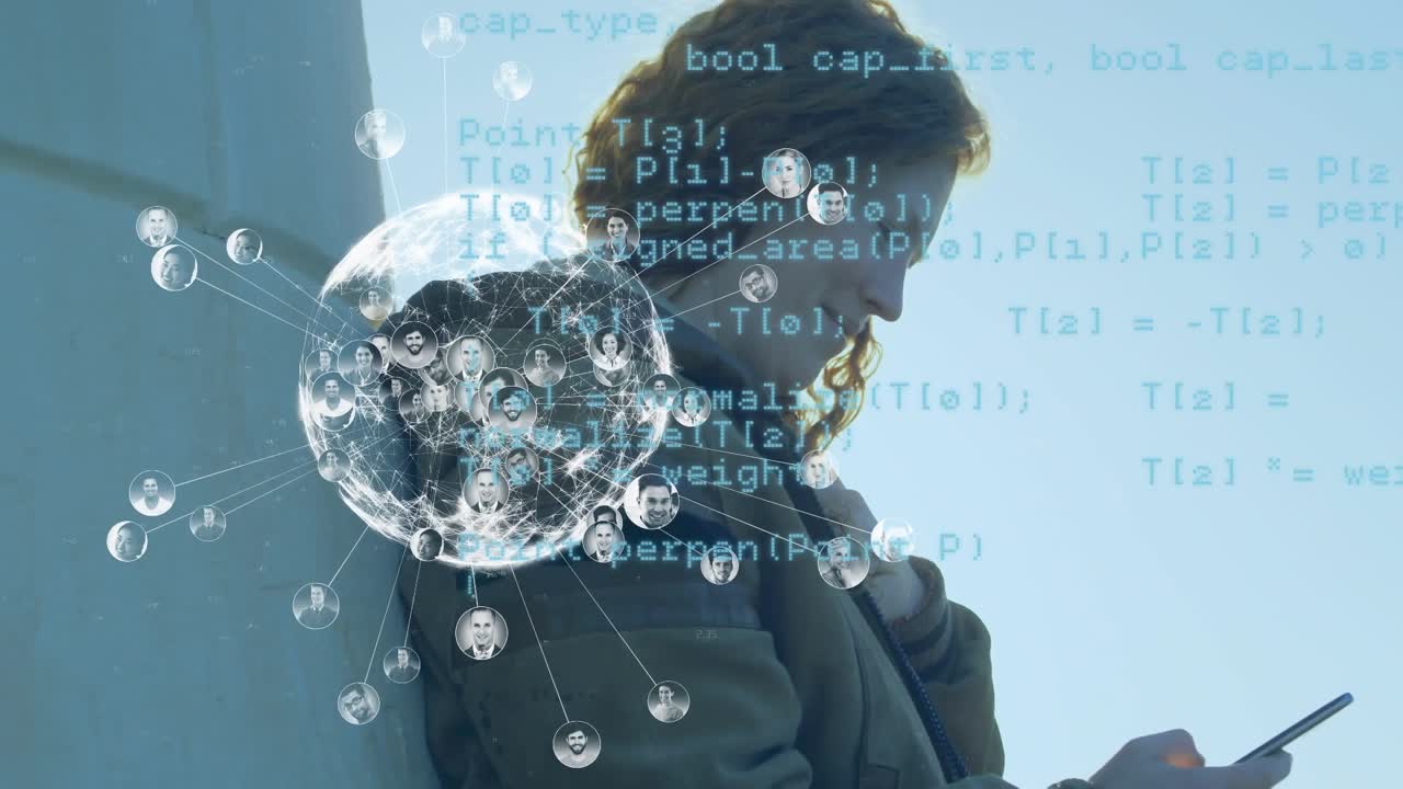 Animation of globe and data processing over caucasian woman using smartphone
