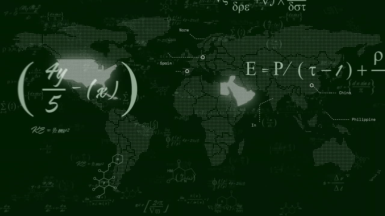 검은색 배경의 세계 지도 위에 수학적 방정식과 화학 공식의 애니메이션