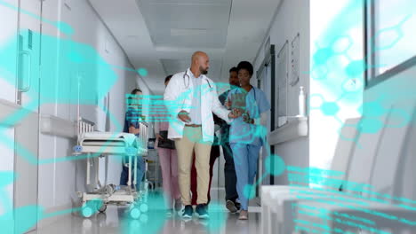 animation of data processing and chemical formula over diverse doctors working in hospital