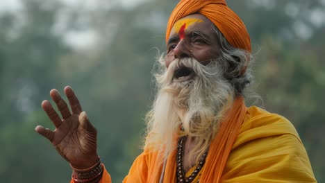 Elderly sadhu with long beard wearing vibrant orange turban and yellow clothes, speaking passionately while gesturing and gazing upward against softly blurred natural setting
