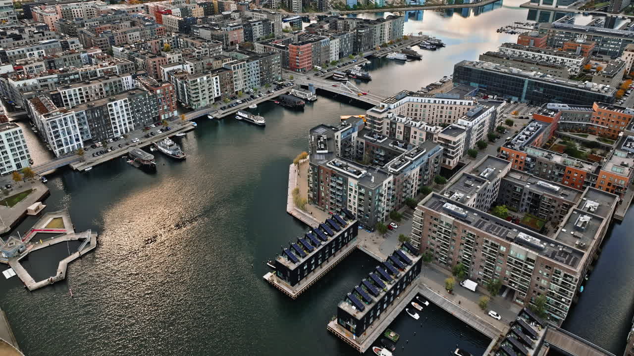 Aerial drone view of the Teglholmen peninsula in the South Harbour of Copenhagen, Denmark